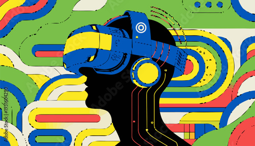 Futuristic virtual reality user silhouette wearing vr headset in vibrant metaverse environment with colorful abstract background