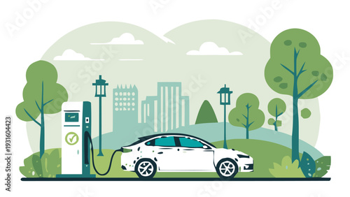 Electric vehicle charging station with white car silhouette in a green city park landscape