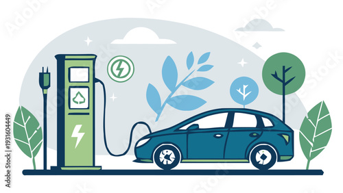 Electric vehicle charging station with car silhouette at eco friendly power dock