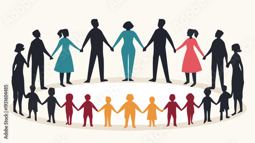 Diverse group of people holding hands in a circle symbolizing unity and inclusion with colorful silhouettes on a white background