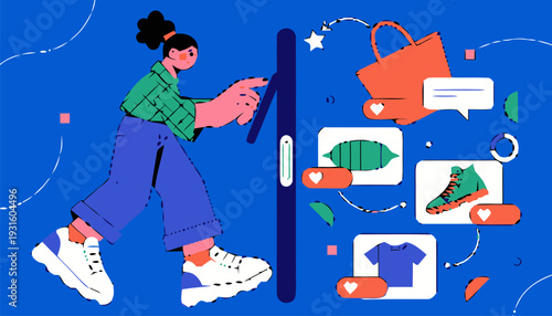 E commerce online shopping concept with customer purchasing products on mobile device with floating icons