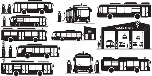 Black and white bus silhouettes with people and building
