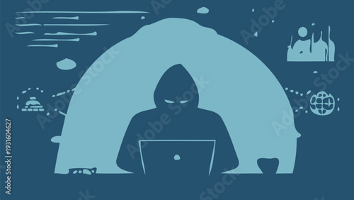 Hacker in hoodie working on laptop in dark room with cyber security symbols around