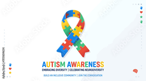 Autism awareness ribbon created from bright colorful puzzle pieces symbolizing diversity, inclusion, and support.
