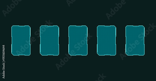 Futuristic neon hologram smartphone frames blueprint style glowing elements for game interface and cyber screen digital technology concept