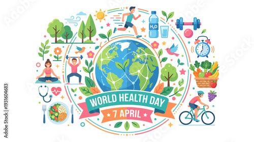 Colorful flat vector illustration showing a globe surrounded by healthy lifestyle icons including water, fruits, vegetables, fitness equipment, and fresh air elements.