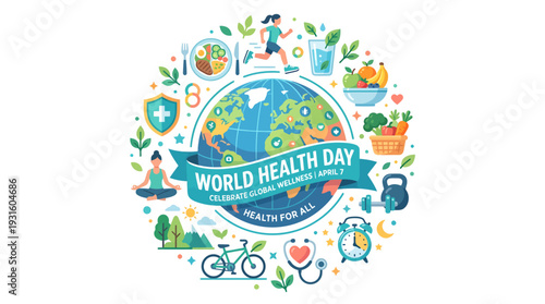 Colorful flat vector illustration showing a globe surrounded by healthy lifestyle icons including water, fruits, vegetables, fitness equipment, and fresh air elements.