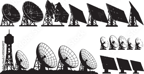 Various Satellite Dishes and Computer Monitors in Silhouette Form