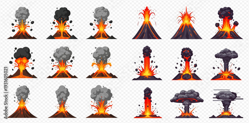 Set of volcano eruption stages with smoke, lava, and ash clouds on transparent background.