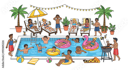 Vector illustration of people having fun at a summer pool party