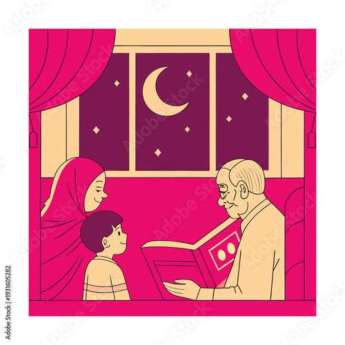 Grandfather reading a bedtime story to his granddaughter by the window

