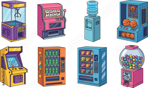 Arcade machines and vending machines cartoon icon collection, colorful entertainment game devices vector illustration set isolated on light background for gaming, retail and fun design