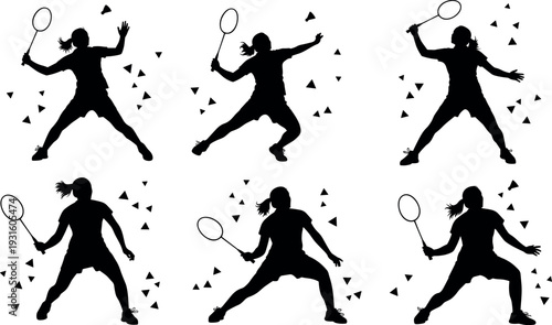Badminton player silhouette set showing female athlete jumping, smashing and serving with racket, dynamic sport action vector illustration for competition, training and fitness concept
