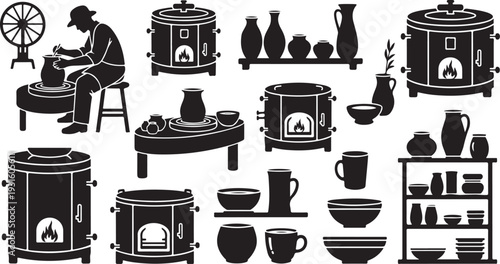 Potter at work with various ceramics and pottery tools