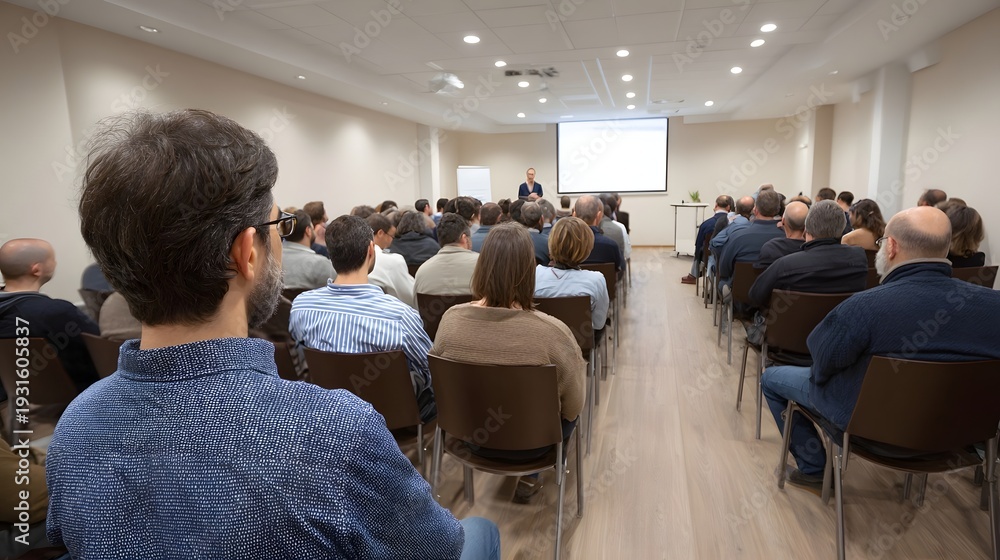 Fototapeta premium Group of people attending a business seminar in a conference room listening to a speaker and watching a projector screen