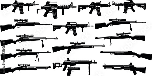 Collection of black rifle and firearm silhouettes including assault rifles sniper rifles shotguns and tactical weapons isolated set for military defense security design projects