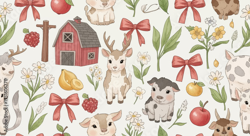 Whimsical farm animals and flowers pattern with red bows and barn.