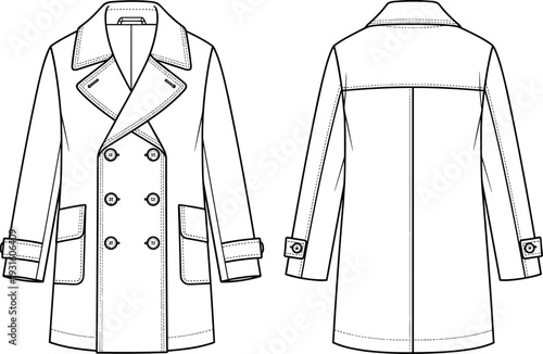 Double breasted trench coat fashion technical drawing with front and back view, classic outerwear apparel template outline for clothing design and garment production