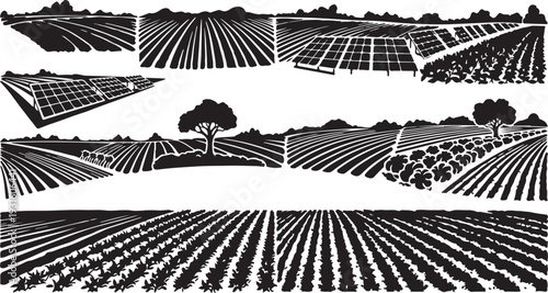 Black and white illustration of various farm fields landscape