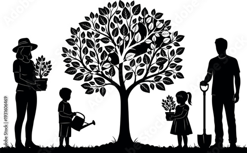 Family planting tree silhouette with parents and children gardening together, environmental conservation vector illustration representing nature care, eco lifestyle and community planting activity