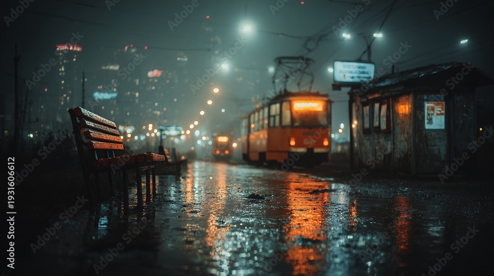 Fototapeta premium empty tram stop at night in the fog