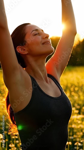 Beautiful sportswoman breathes fresh air in sunny field at sunset. Young female athlete stretches arms during golden hour. Fit girl enjoys nature summer evening. Healthy person relaxes outdoors.