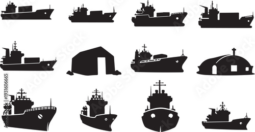 Collection of various ship silhouettes on white background