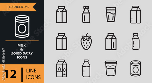 Milk And Liquid Dairy Outline Beverage Icon Set