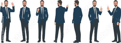 Businessman character collection set, professional male entrepreneur poses, successful corporate leader in blue suit