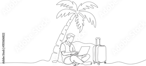 Continuous one line drawing of digital nomad working on laptop under palm tree at beach with suitcase