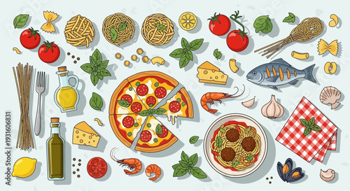 Assorted Italian food ingredients and dishes including pizza and pasta.