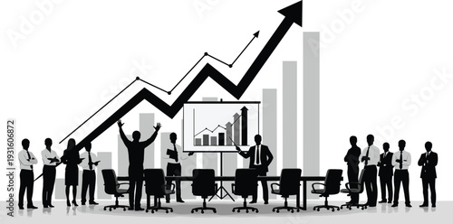 Business presentation with financial growth graph, corporate team meeting, success chart, professional office background, leadership coaching, strategy planning, market analysis, teamwork silhouette.