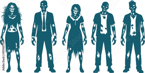 Collection of Spooky Zombie Character Silhouettes Featuring Undead Men and Women in Tattered Clothes for Halloween Horror and Thriller Design Projects