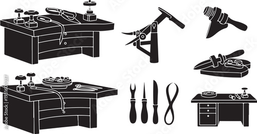Jewelry making workbenches and tools illustration set in black