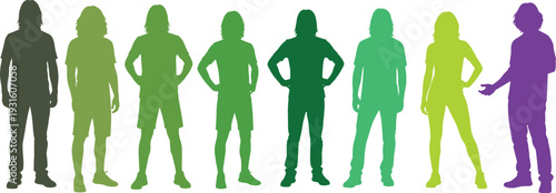 Colorful young people standing and talking silhouette set, diverse group of men and women, casual clothing, social gathering, friendship, communication, lifestyle.
