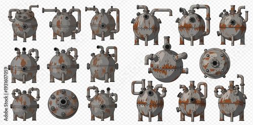 Collection of rusty industrial tanks with pipes, perfect for game assets or steampunk designs.