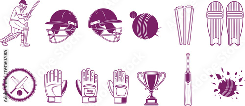 Cricket sports equipment and player silhouette set, professional athlete batting, helmet, ball, wicket, gloves, trophy, bat, protective pads, team game competition elements.