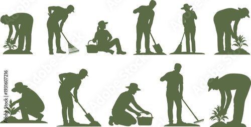 Gardener silhouette set, people working with tools, farming plants agriculture, gardener raking digging planting, outdoor garden manual work.