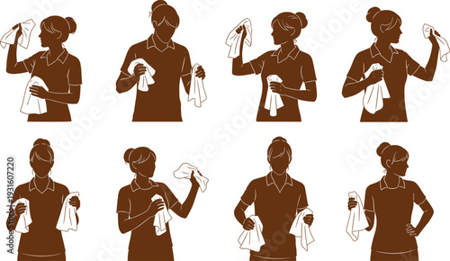 Female worker silhouette set cleaning with cloth, woman in polo shirt wiping surfaces, domestic housekeeping staff, professional janitorial service, hygiene maintenance.