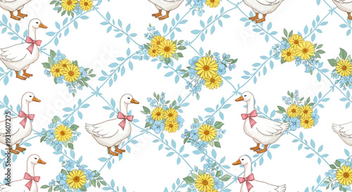 Seamless pattern with geese and flowers on white background.