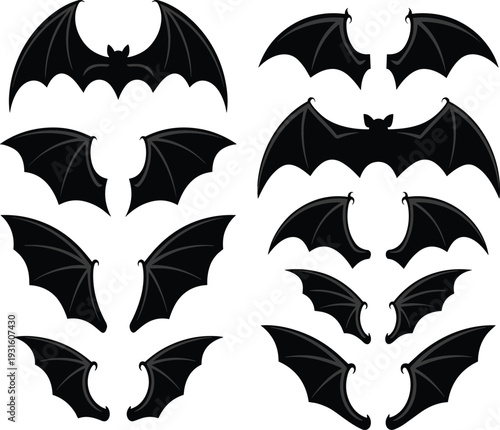 Black bat wings collection set, fantasy dragon wing silhouettes, mythical creature flying parts, gothic demon elements