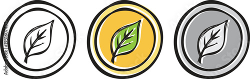 Green leaf eco coin icons for organic nature products in gold silver and line art style
