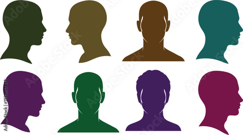 Male head profile and front view silhouette set, human face anatomy icons, anonymous user avatar collection, various man haircut styles, person headshot.