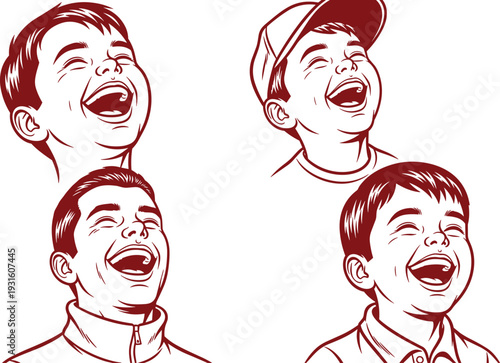 Laughing boy head set, joyful child expression, happy young male face, childhood laughter and fun, smiling kid portrait, cheerful emotional reaction.