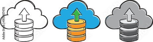 Cloud computing data upload concept with server coins in line art and vibrant colored style