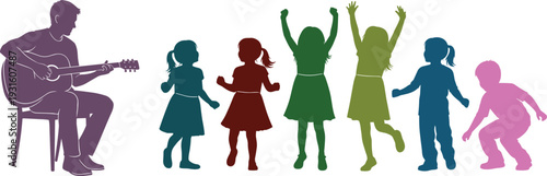 Man playing guitar for dancing children silhouette, teacher leading music class with kids, childhood joy and creative learning, musical entertainment performance.