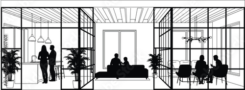 Modern luxury house interior silhouette, family living room, kitchen meeting, open plan architectural design, glass partitions, plants, home life, domestic lifestyle.