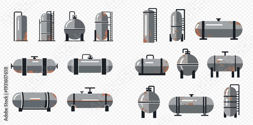 Industrial storage tanks for liquids and gases, set of various metal containers for chemical and oil industry.