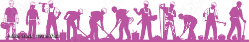 Pink silhouette set of diverse construction workers, engineers and laborers with tools, industrial work team vector illustration isolated on white background.