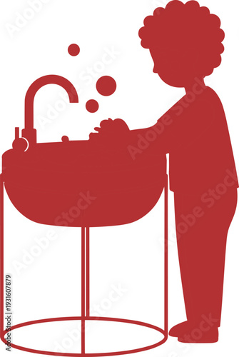 Red silhouette illustration of a young boy washing his hands at a sink with bubbles, emphasizing hygiene, health, and daily routine habits